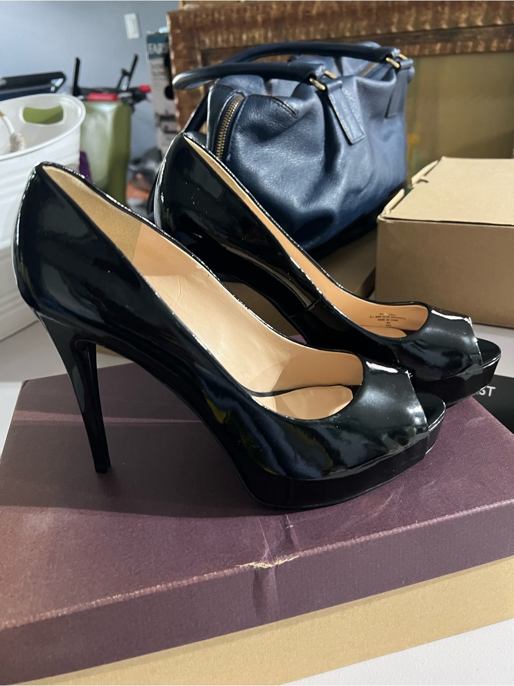 Guess Black Patent Peep-Toe Platform Stiletto Heels
